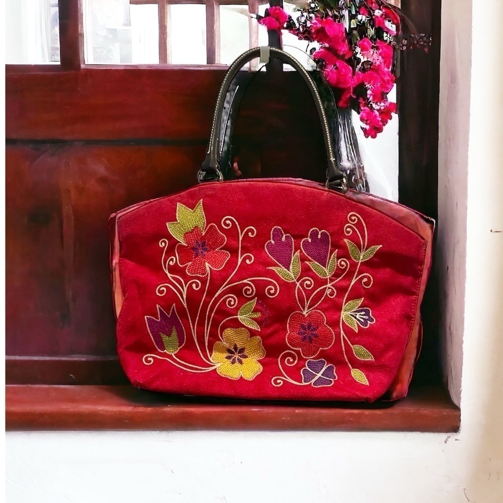 EGO Large Tote Shoulder Bag Red Embroidery Floral Suede